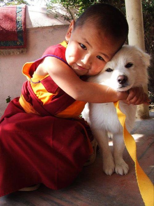 A young Tenzin Phuntsok Rinpoche, reincarnation of Geshe Lama Konchog, hugs his dog, Dorje, Kopan, Nepal. (Photo Unknown)