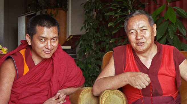 Lama Zopa Rinpoche and Lama Yeshe, Geneva, Switzerland, 1983. (Photo by Ueli Minder)