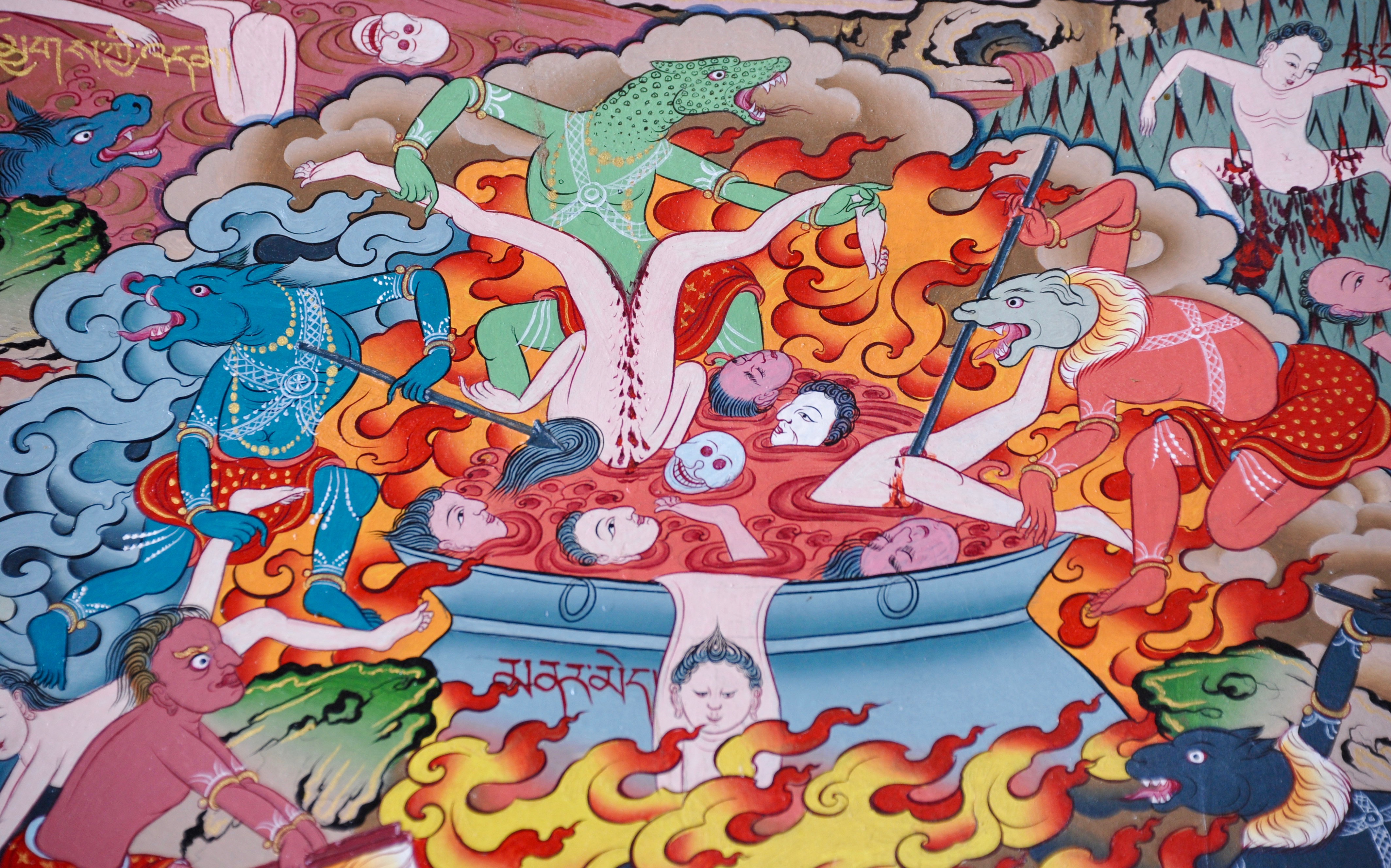 Traditional depiction of the hell realms from a mural at Kopan nunnery, Nepal. (Photo Piero Sirianni)