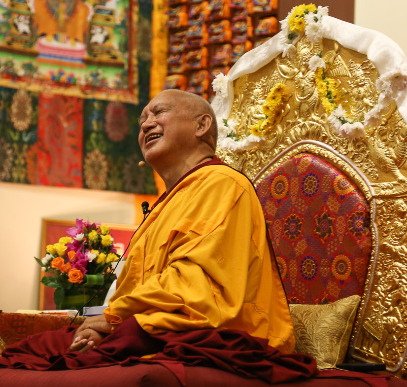Kyabje Zopa Rinpoche teaching at Chenrezig Institute, 2014 (Photo LYWA)