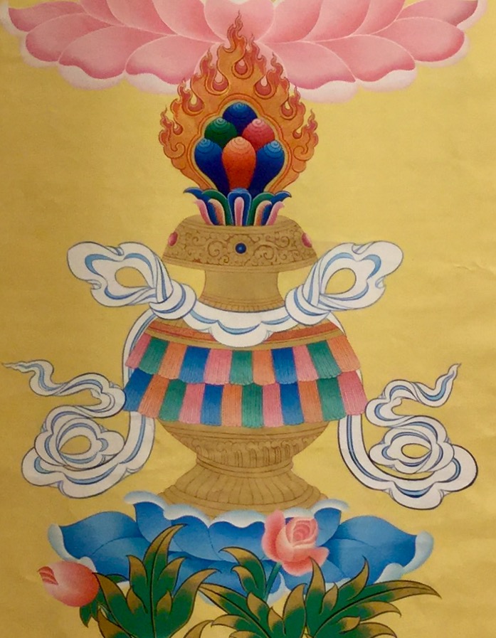Wish-granting vase from a thangka at Amitabha Buddhist Center, Singapore. (Photo Ven Sarah Thresher)