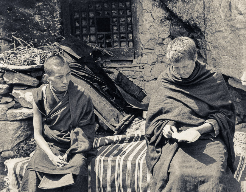 Rinpoche and Zina outside the cave, Lawudo, 1969
