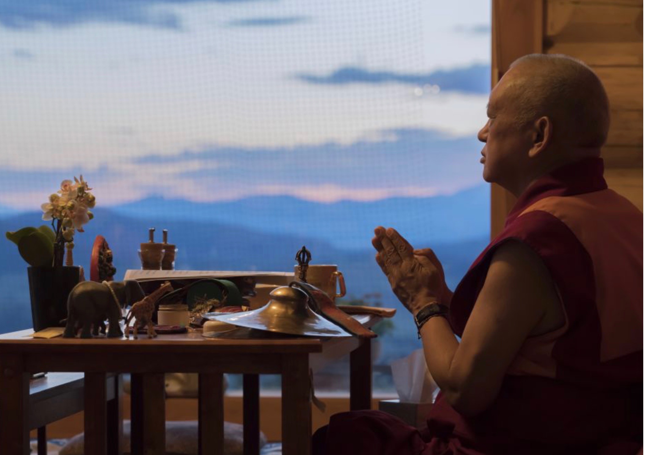 Lama Zopa Rinpoche doing prayers at Buddha Amitabha Pure Land, Washington, USA, 2018. (Photo Ven Losang Sherab)