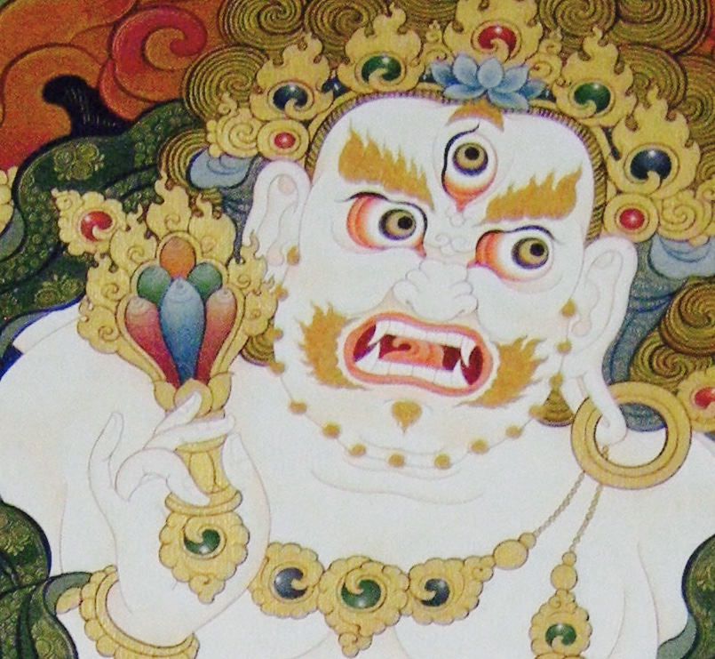 Detail of White Mahakala holding a wish-granting jewel. (Thangka by Gen Migmar ITTA tibetanartschool.com) 