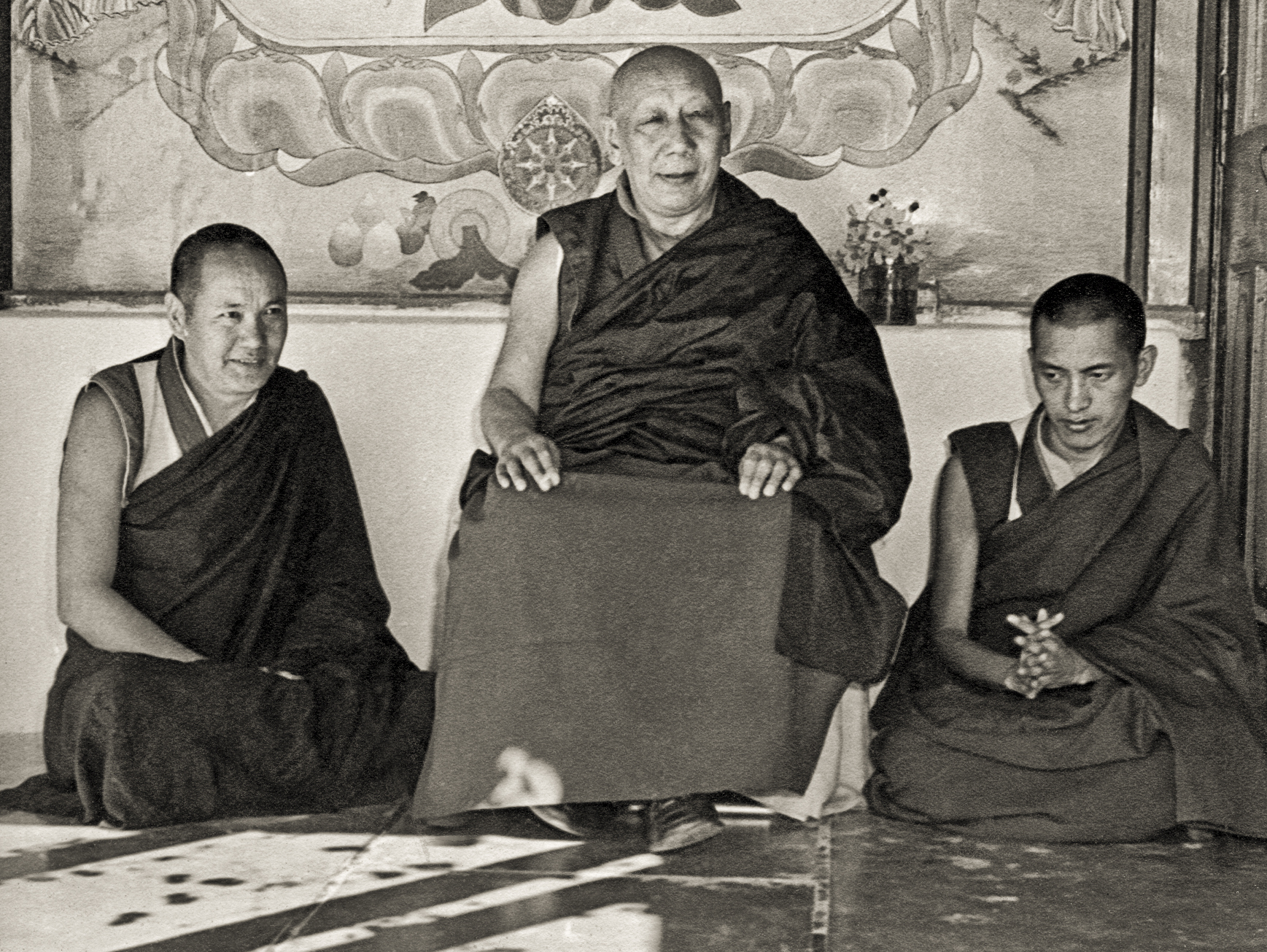 His Holiness Ling Rinpoche with Lama Yeshe and Lama Zopa Rinpoche at Tushita Dharamsala in 1975. (Photo Brian Beresford)