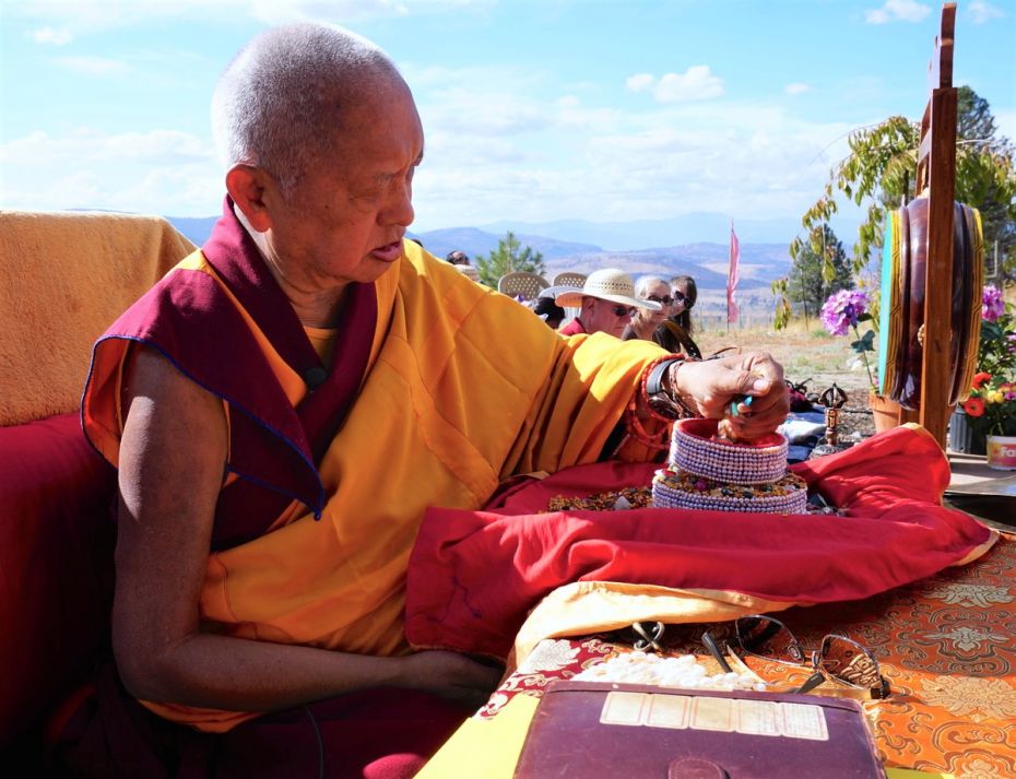 Lama Zopa Rinpoche offering a mandala at Buddha Amitabha Pure Land, USA, 2017. (Photo Ven Losang Sherab)
