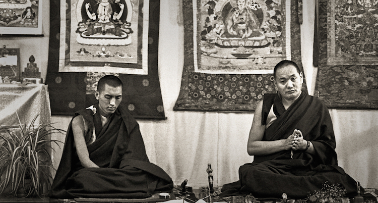Lama Yeshe and Lama Zopa Rinpoche teaching at Royal Holloway College, England, 1975. (Photo by Dennis Heslop)