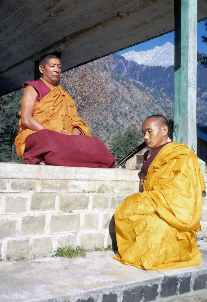 Lama Yeshe with his guru Geshe Rabten Rinpoche, Chopra House, McLeod Ganj, India, 1970. It was from Geshe Rabten that Lama Zopa Rinpoche learnt the topics of debate and with whom he began his studies. (Photo LYWA)