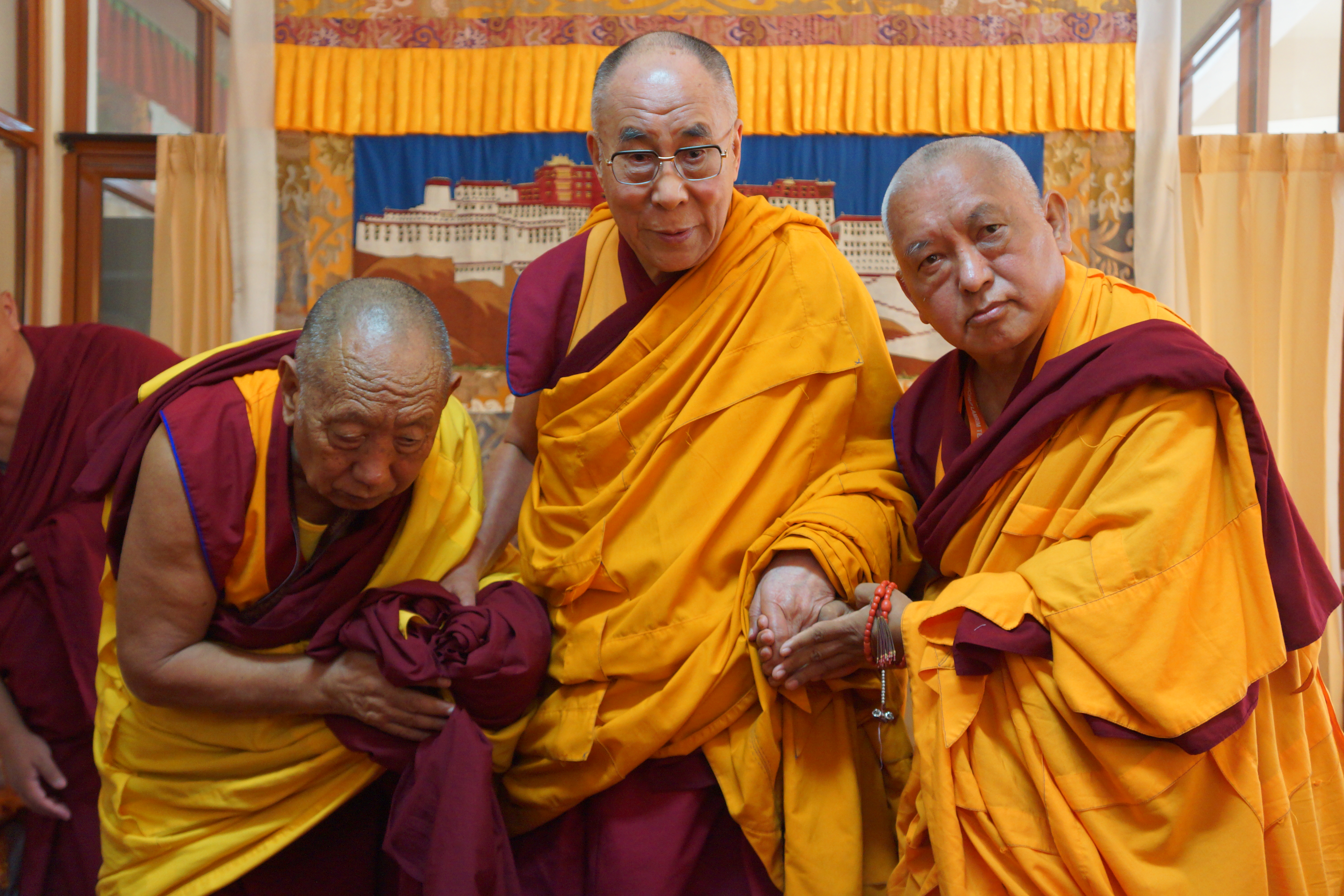 His Holiness the Dalai Lama and Lama Zopa Rinpoche at Sera in 2013 with the current abbot of Sera Je, Gyume Khensur Rinpoche Lobsang Delek, whose story is used as an example by Rinpoche to illustrate the extraordinary dedication of the great masters who studied at Buxa in order to preserve the teachings and monastic institutions in exile. (Photo Ven Roger Kunsang)