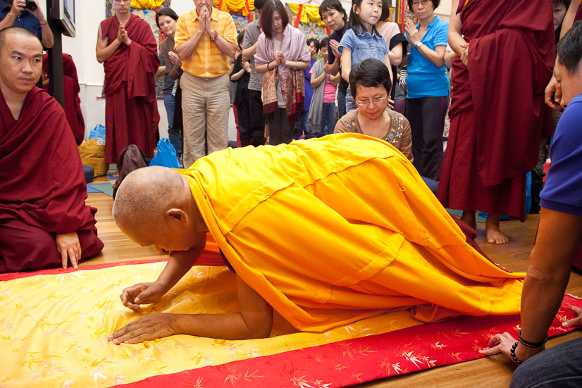 Rinpoche prostrating before teaching at ABC Singapore, 2013. (Photo Stephen Ching)