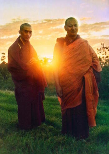 Lama Zopa Rinpoche and Lama Yeshe at Chenrezig Institute, Australia, 1975. (Photo by Nick Ribush, restoration by David Zinn)