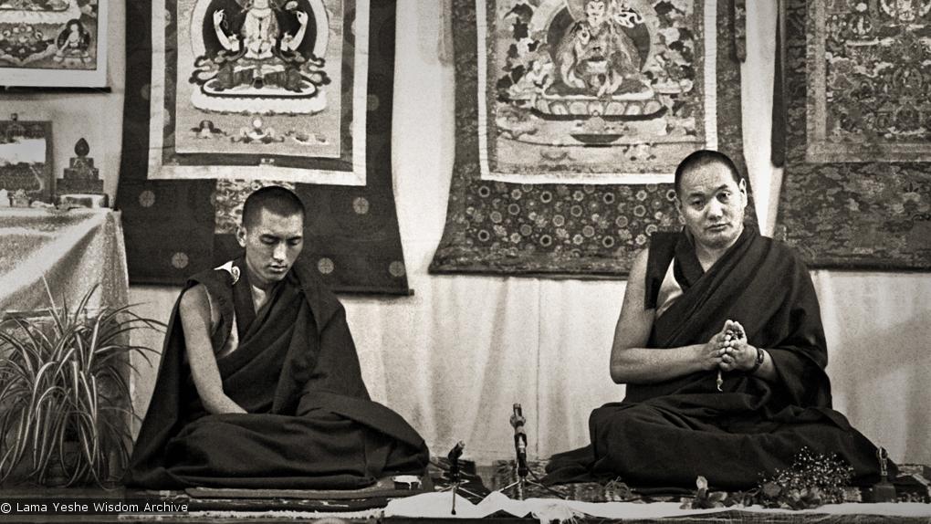 Lama Yeshe and Lama Zopa Rinpoche during these teachings given at Royal Holloway College during the lamas first trip to England, 1975. Photo by Dennis Heslop.